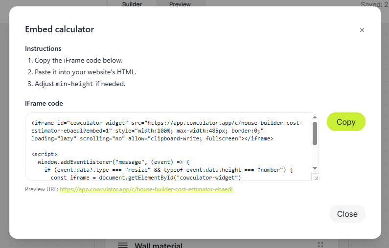 Embed window in the Cowculator.app calculator builder