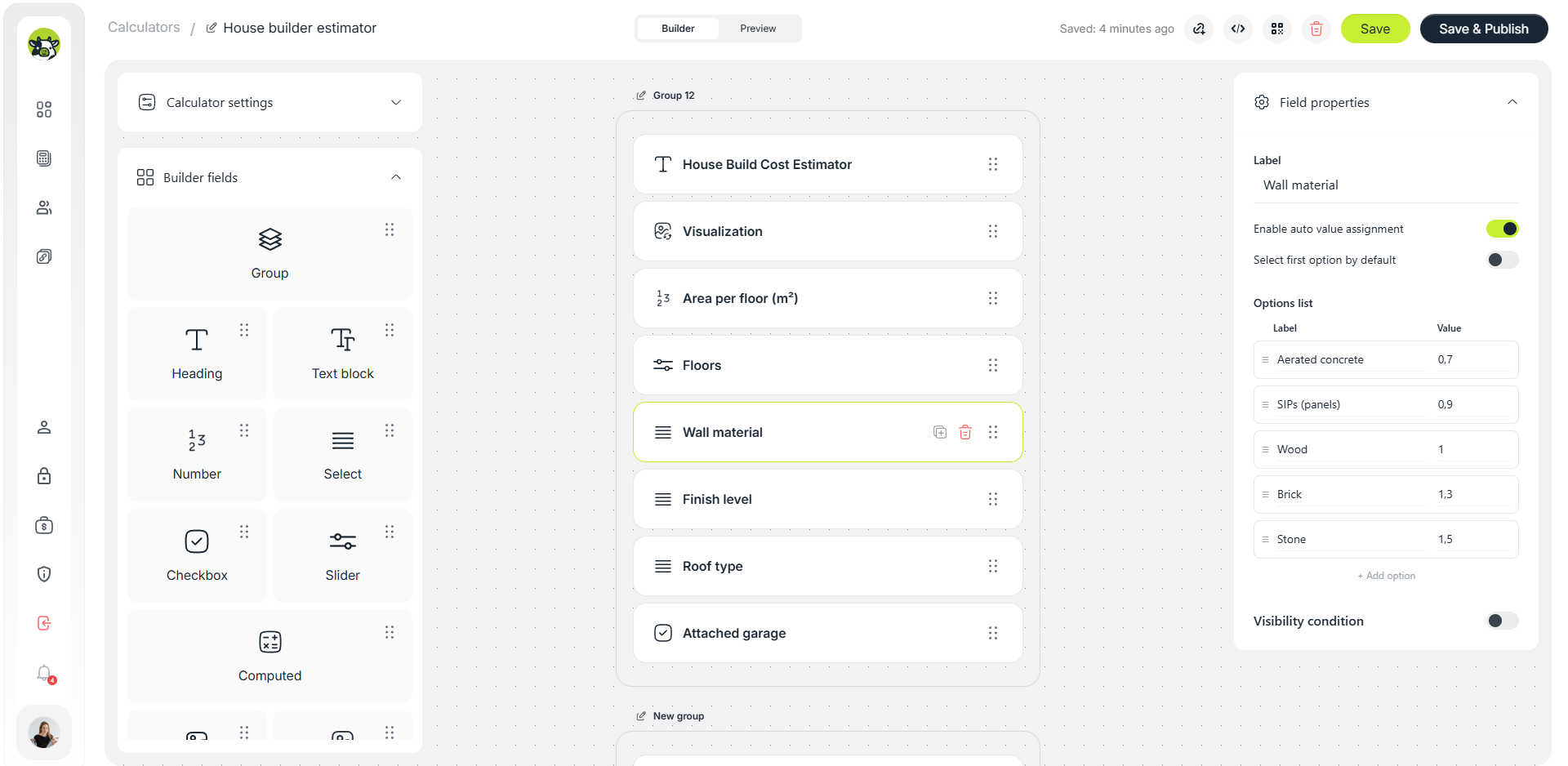Calculator builder interface