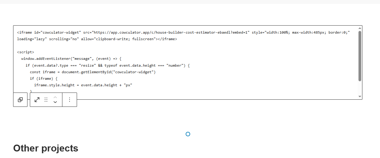Pasting Cowculator.app code into a WordPress element to embed the calculator on a page