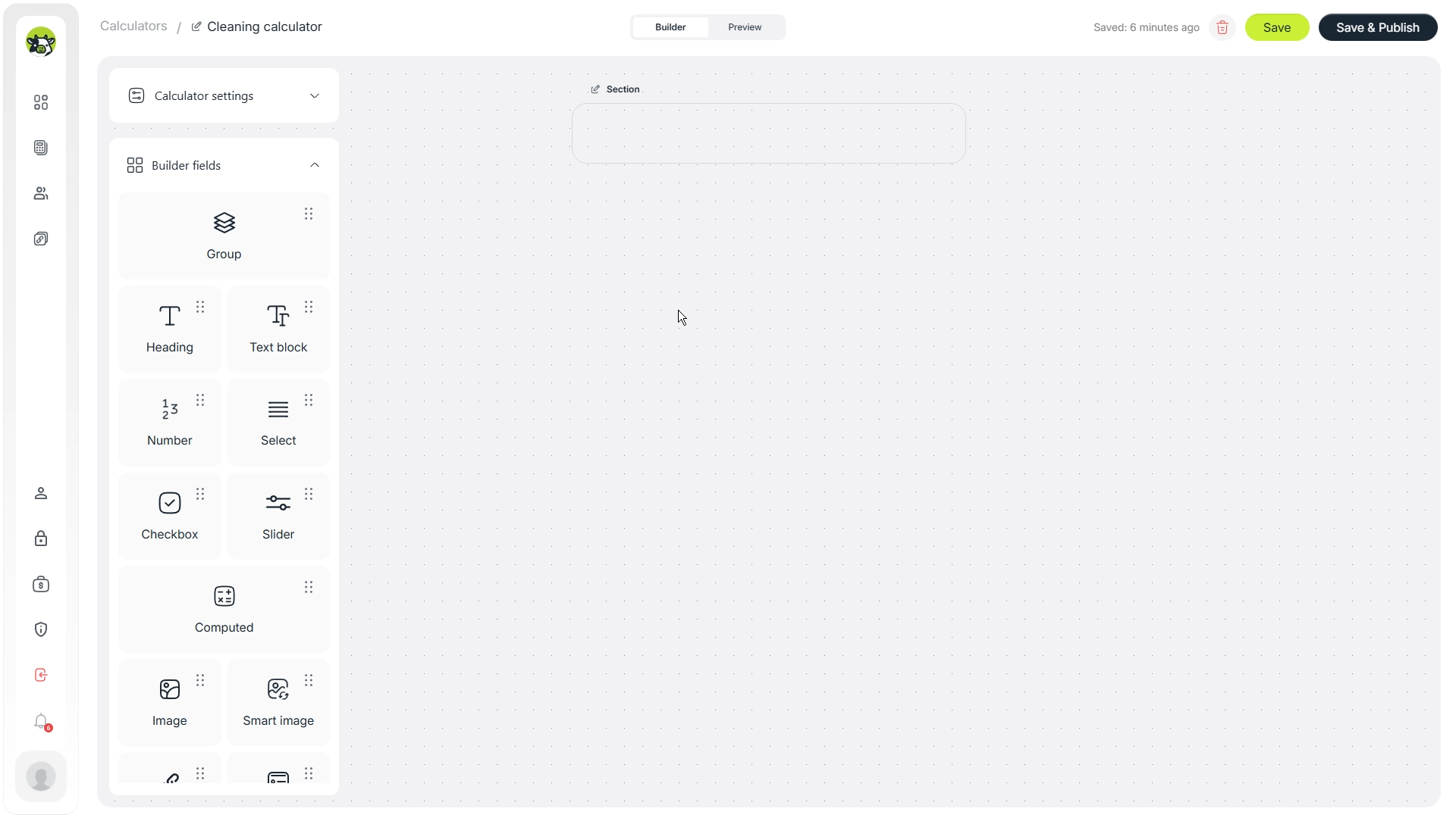 General Cowculator builder screen for creating a cleaning service calculator