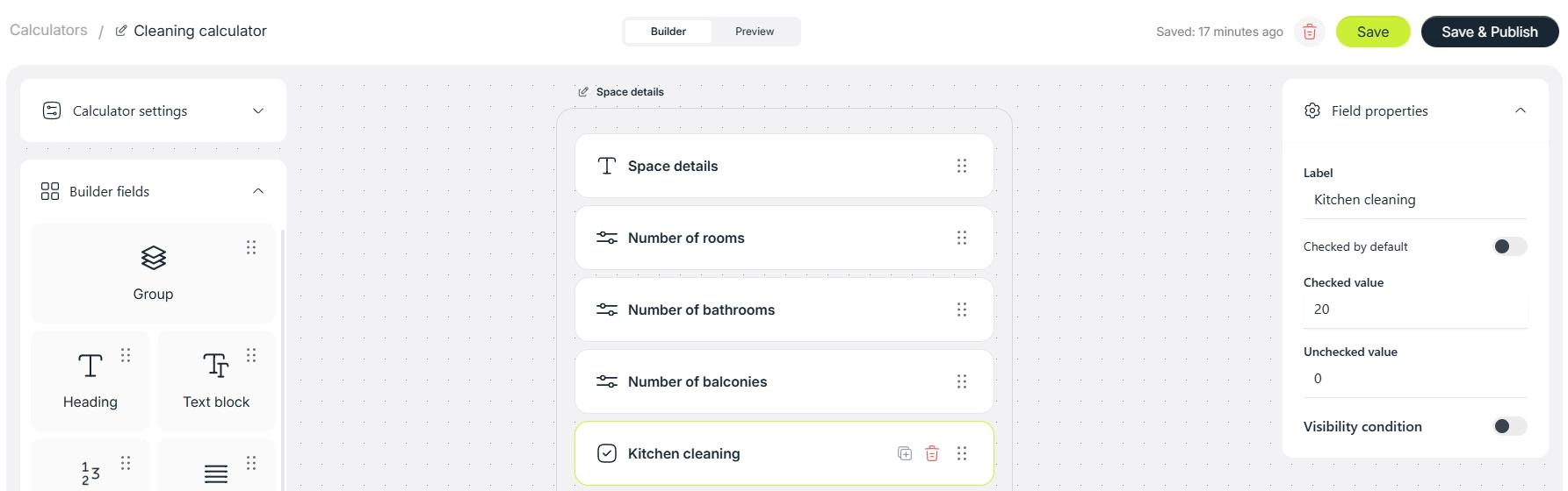 Kitchen cleaning option in a cleaning company calculator