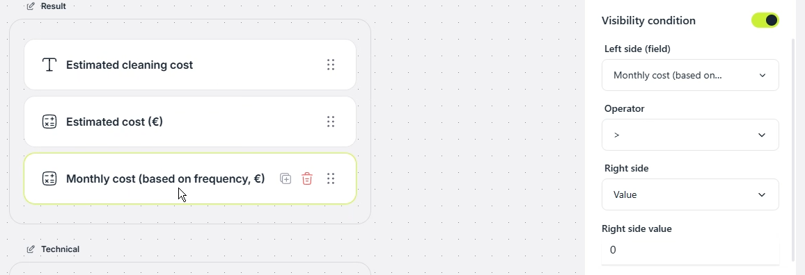 Visibility condition for a monthly cleaning price field