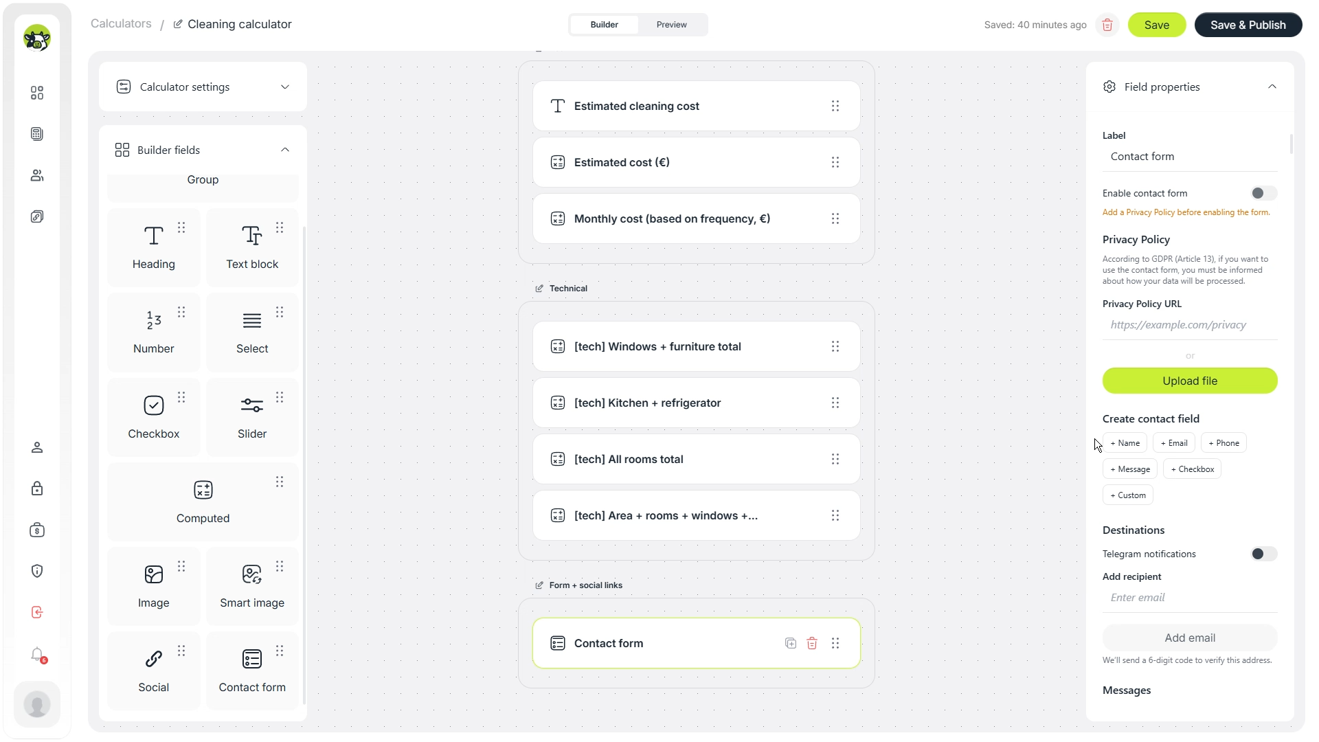 Adding a contact form to a cleaning service calculator