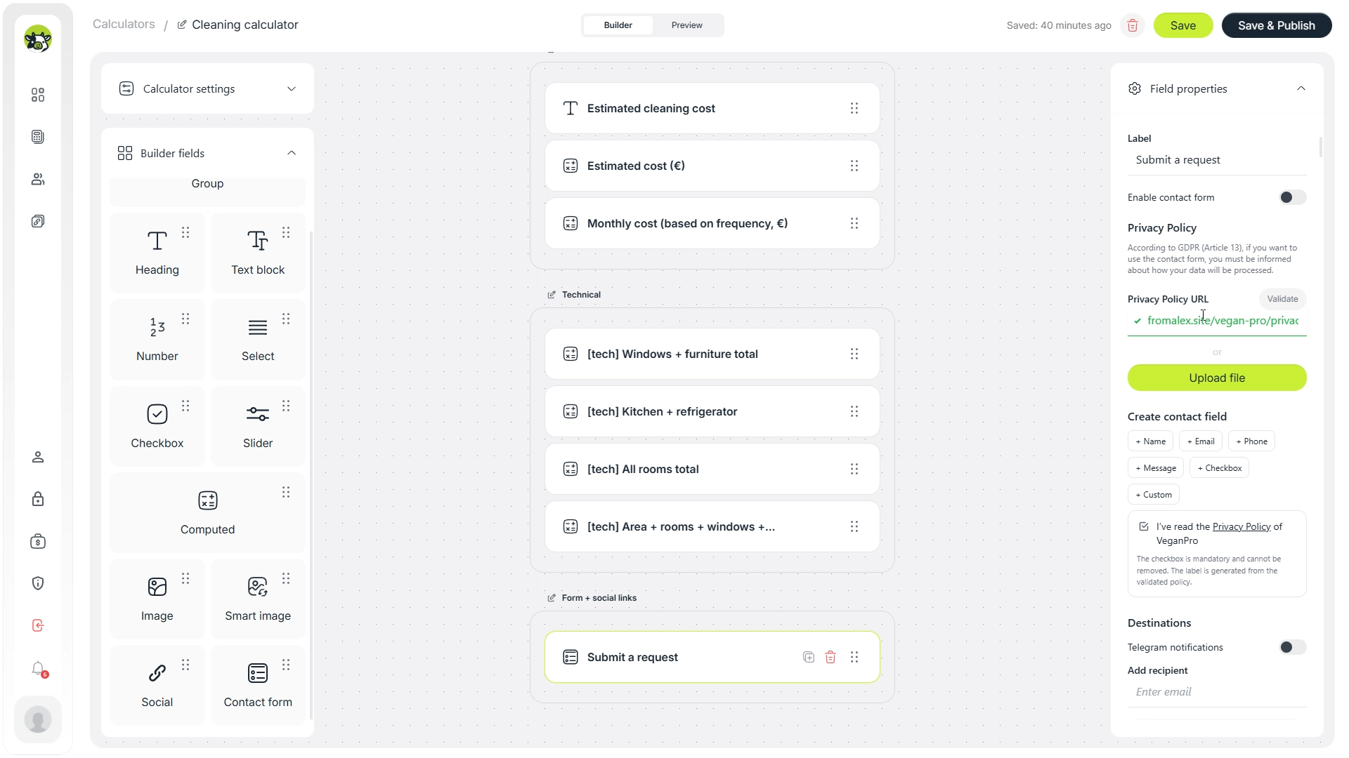 Privacy policy setting required for enabling the contact form