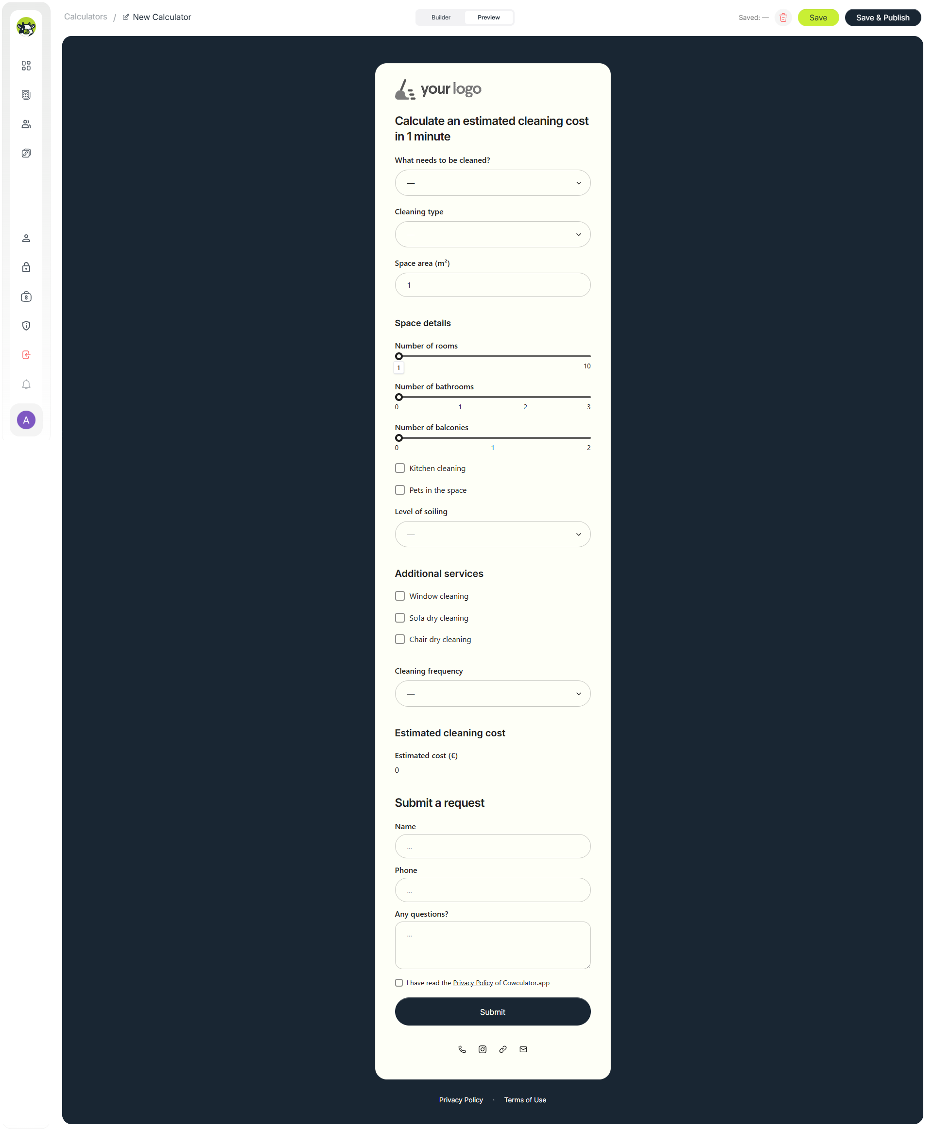 Previewing the cleaning calculator and adjusting colors