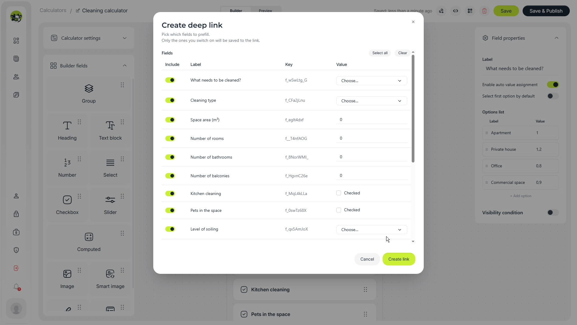 Initial values settings for a short calculator link