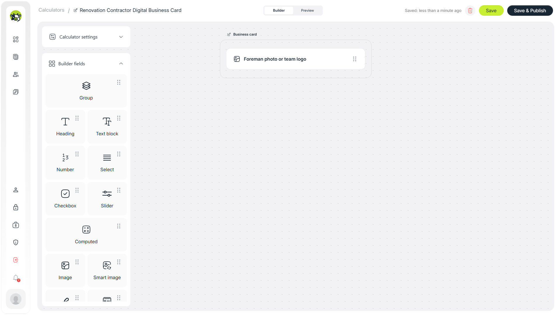 Starting the renovation contractor digital business card template in the Cowculator builder