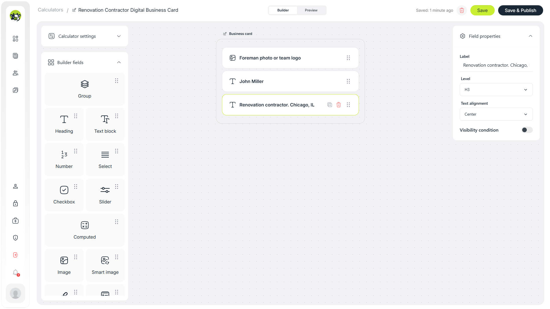 Adding the contractor name in the top section of the digital business card