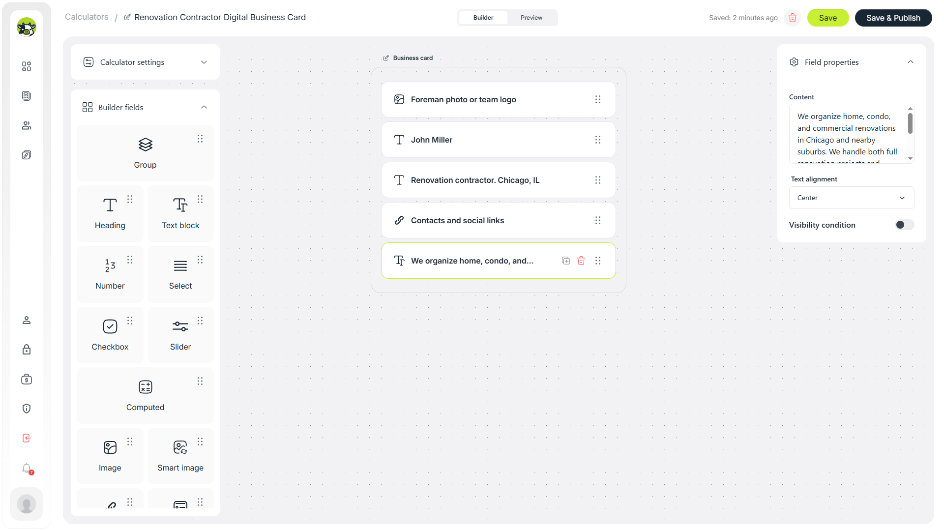 Setting contact links and social media buttons in the digital business card