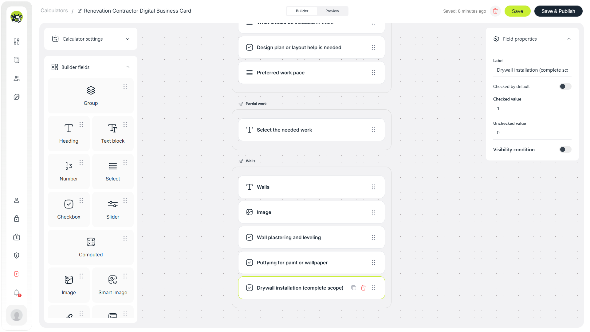 Walls work checkboxes in the renovation calculator
