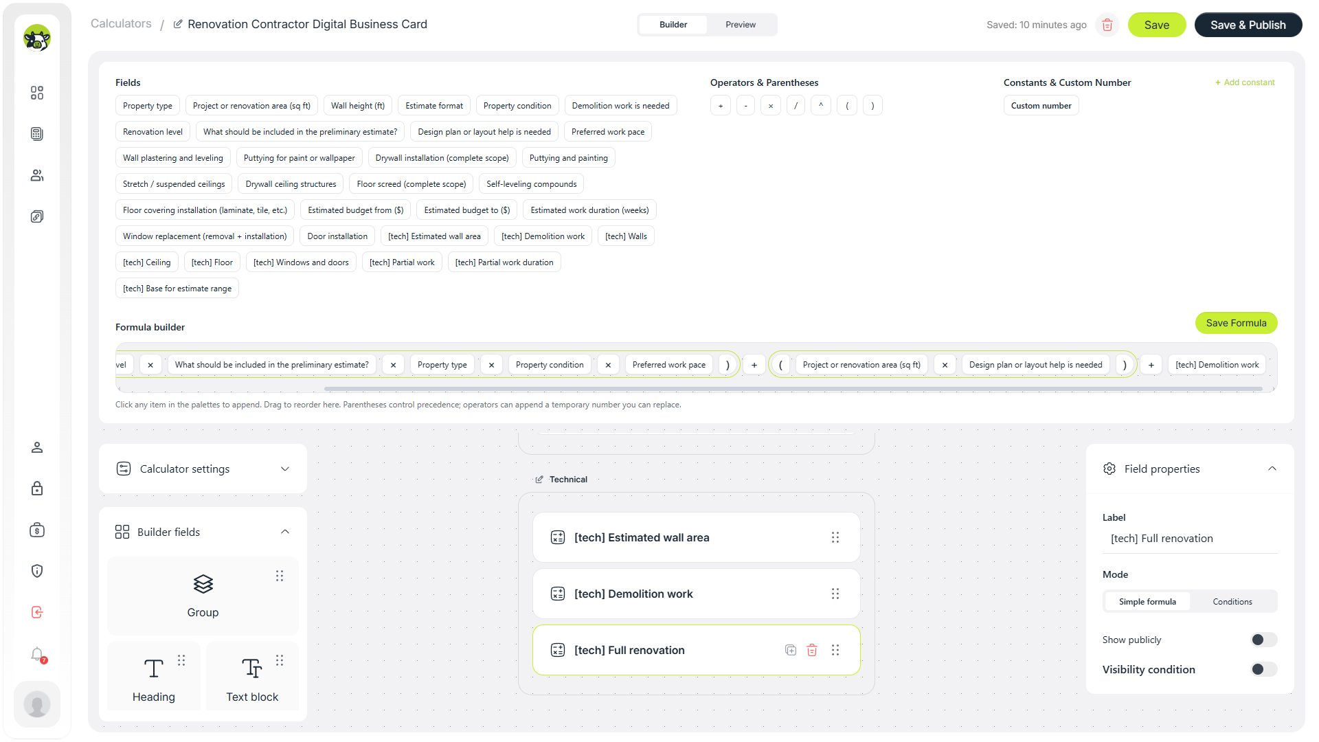 Horizontal scrolling view of the full renovation formula in Cowculator