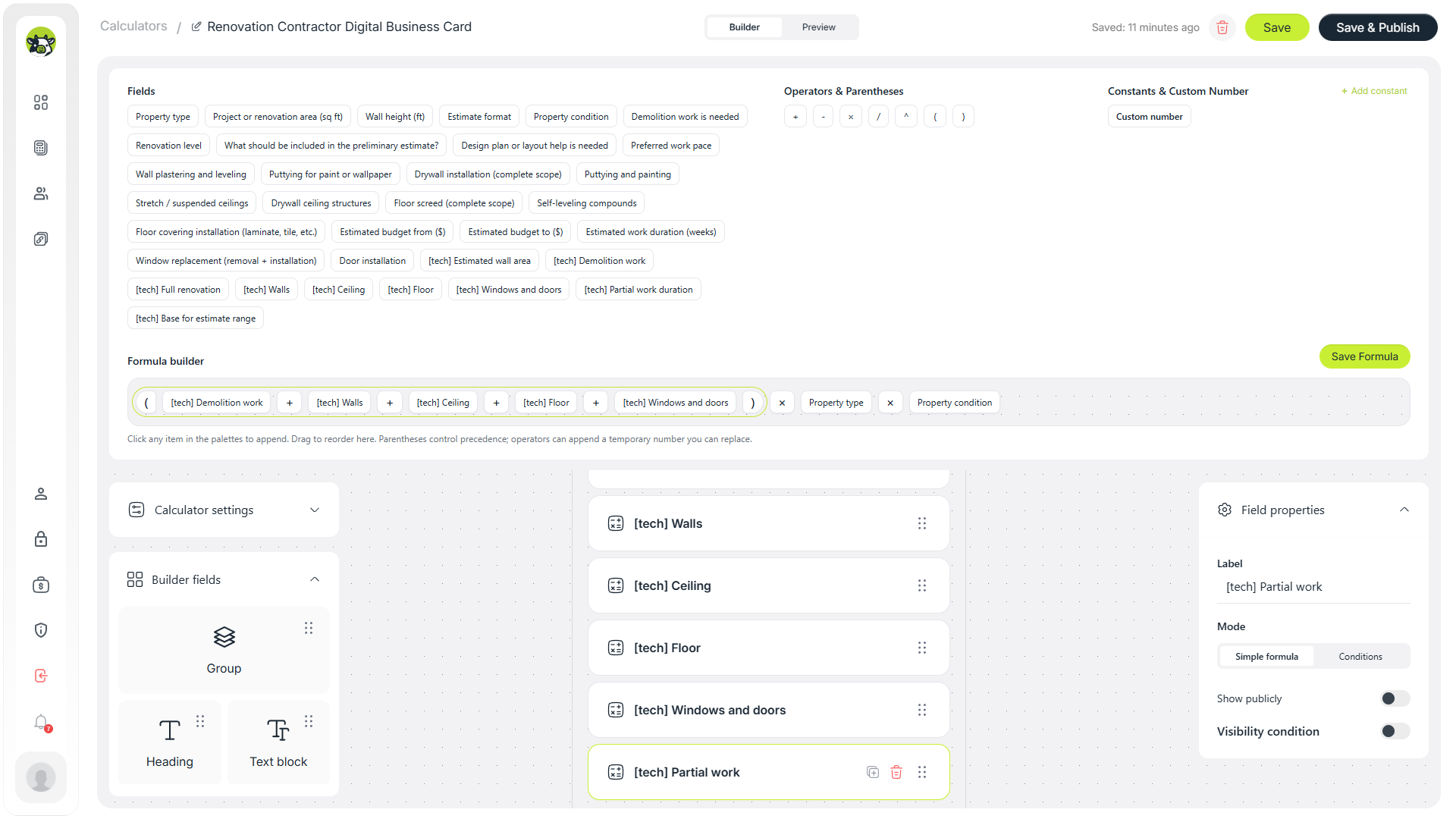 Technical formula for partial works in the renovation calculator