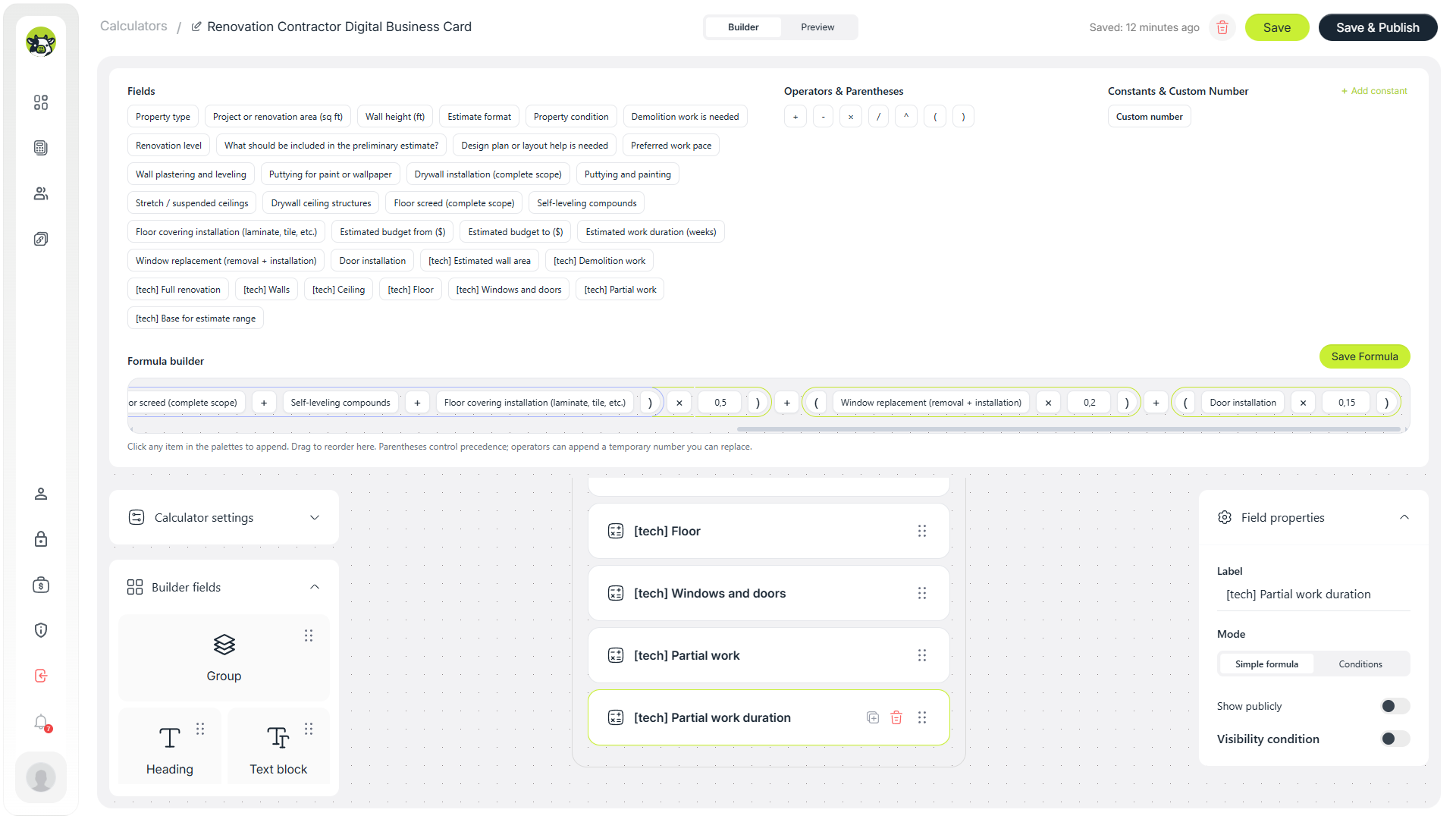 Horizontal scrolling view of the partial works timeline formula