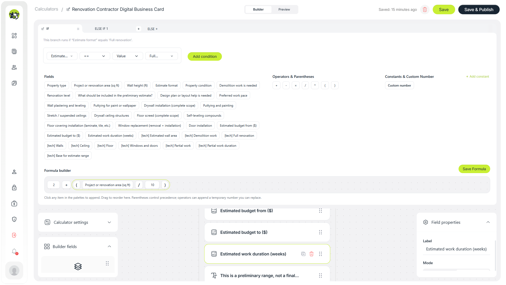 Conditional timeline branch for the full renovation scenario