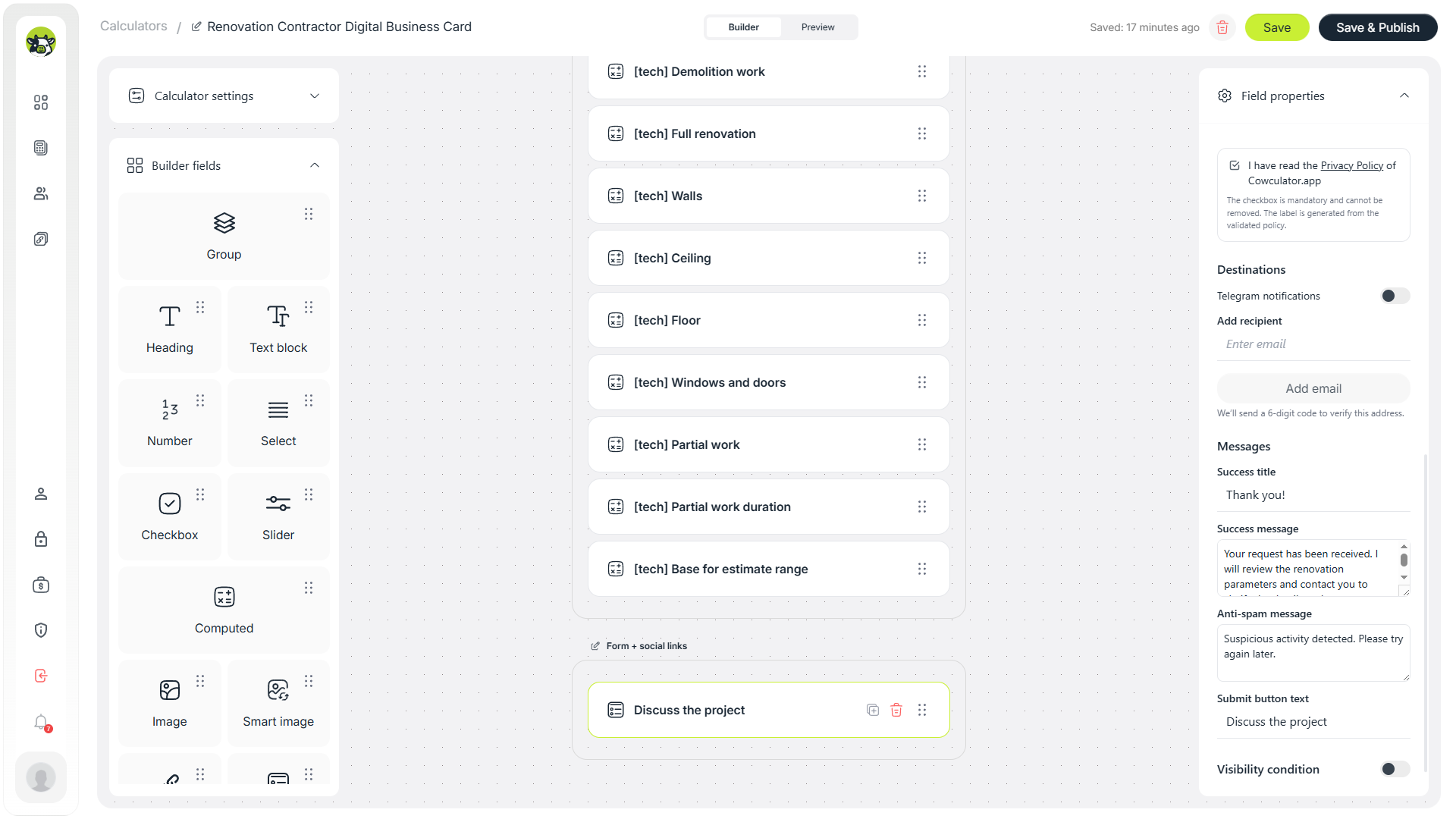 Success message shown after form submission in Cowculator