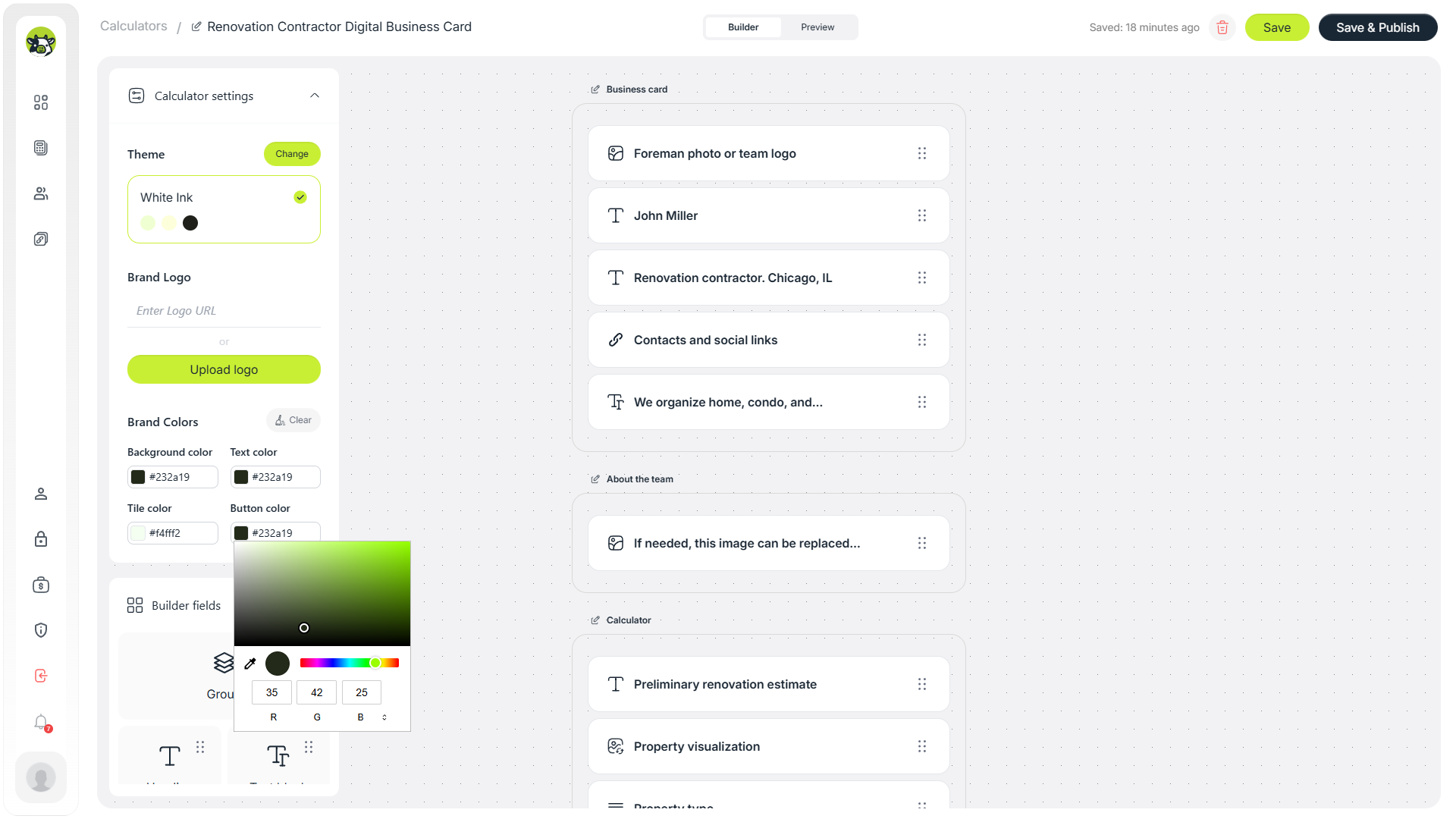 Brand color customization for the renovation contractor template
