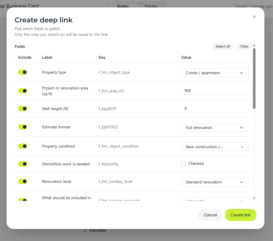 Deep link setup with prefilled fields in the renovation calculator