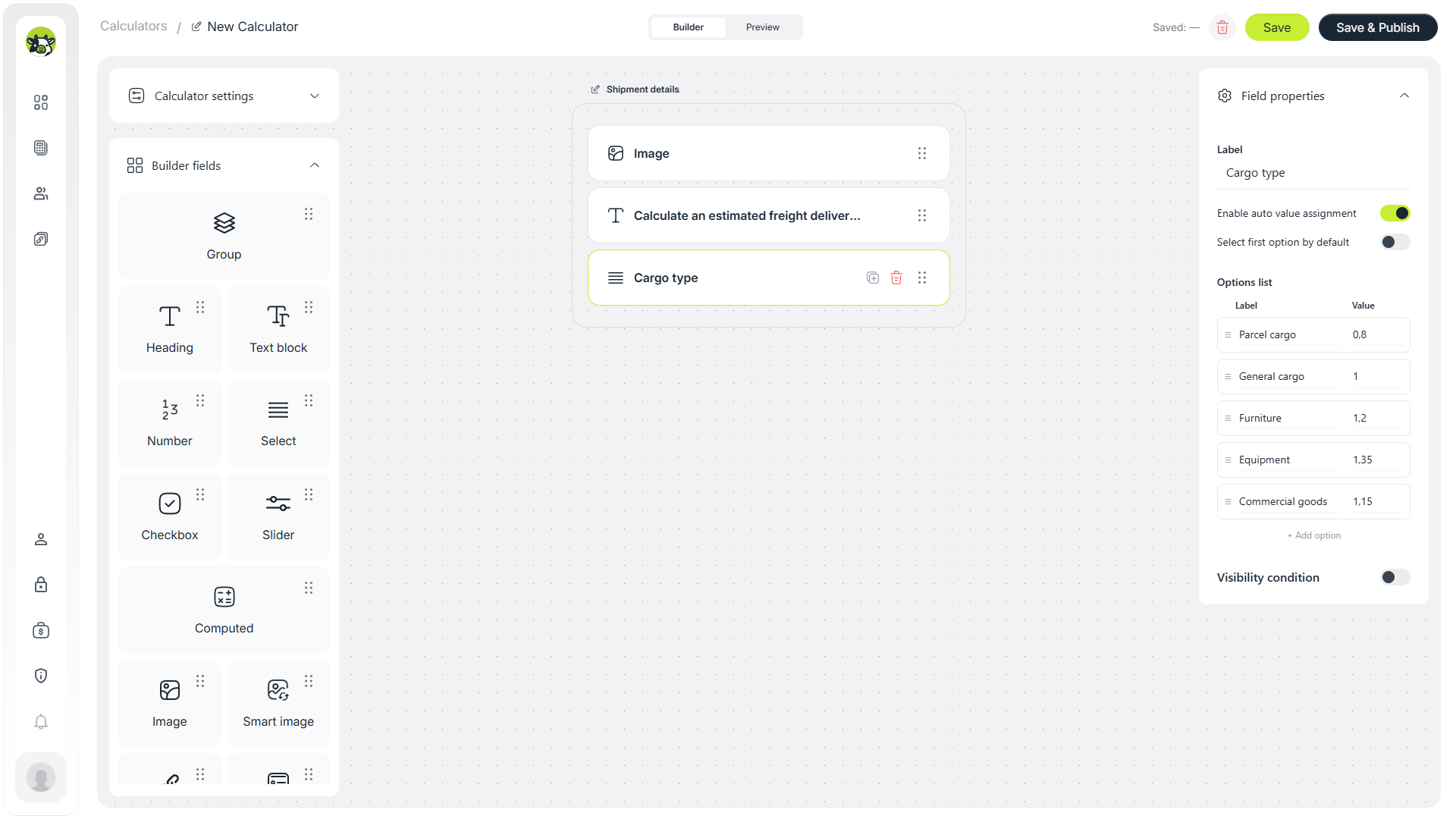 Cargo type select field in a freight delivery calculator