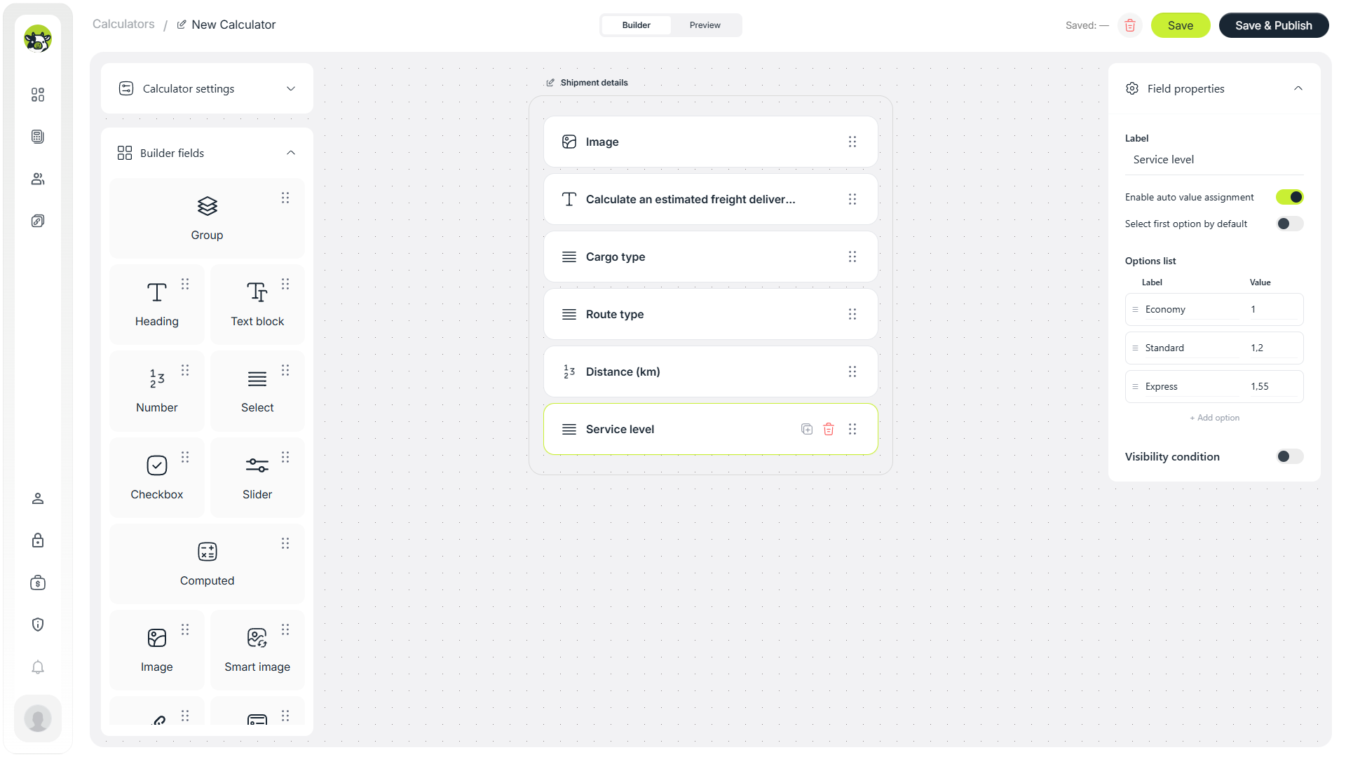 Service level field with Economy Standard and Express options in a freight calculator