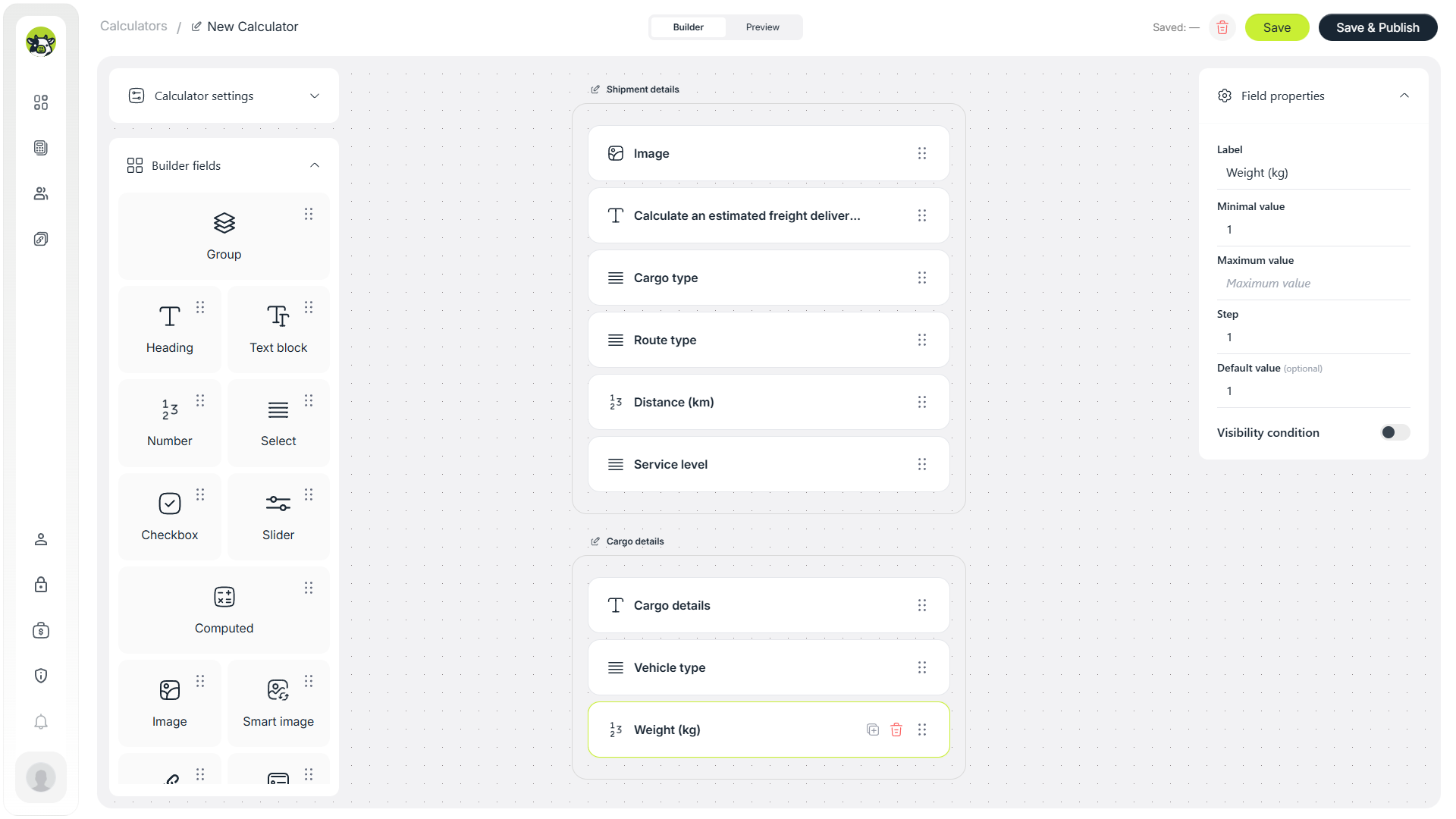 Cargo weight field in kilograms for a freight delivery calculator