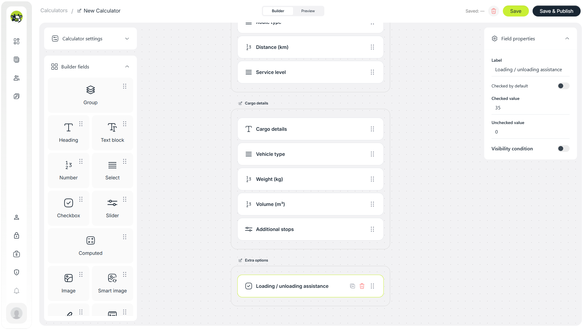 Loading and unloading assistance checkbox in a freight calculator