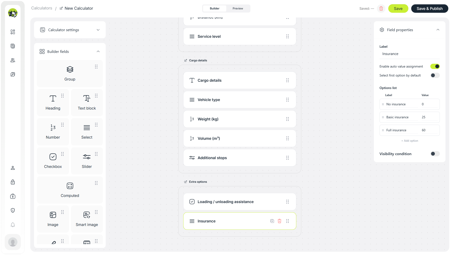 Cargo insurance select field in an online freight delivery calculator
