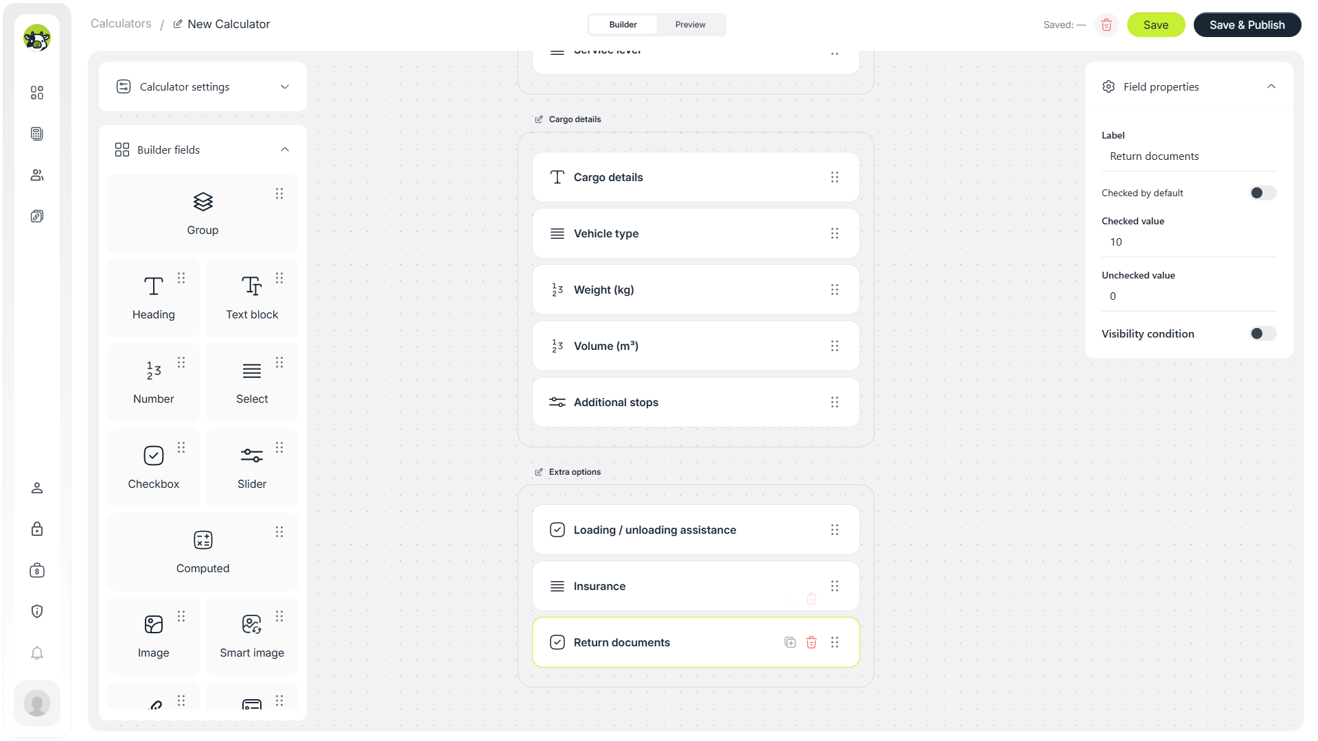 Return documents checkbox in a freight delivery calculator