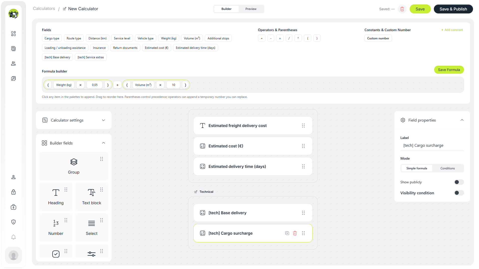 Helper calculation for cargo surcharge in a freight calculator