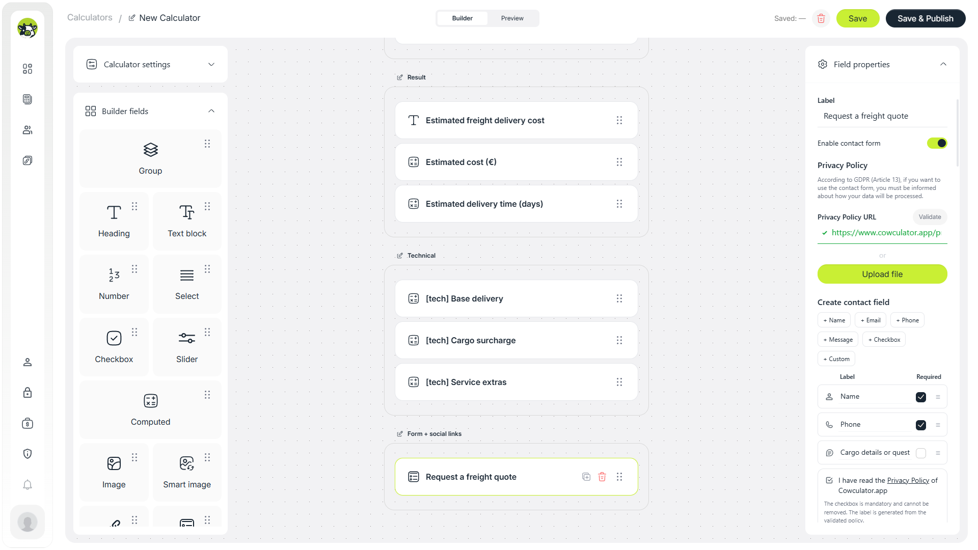 Contact form after the freight delivery cost calculation