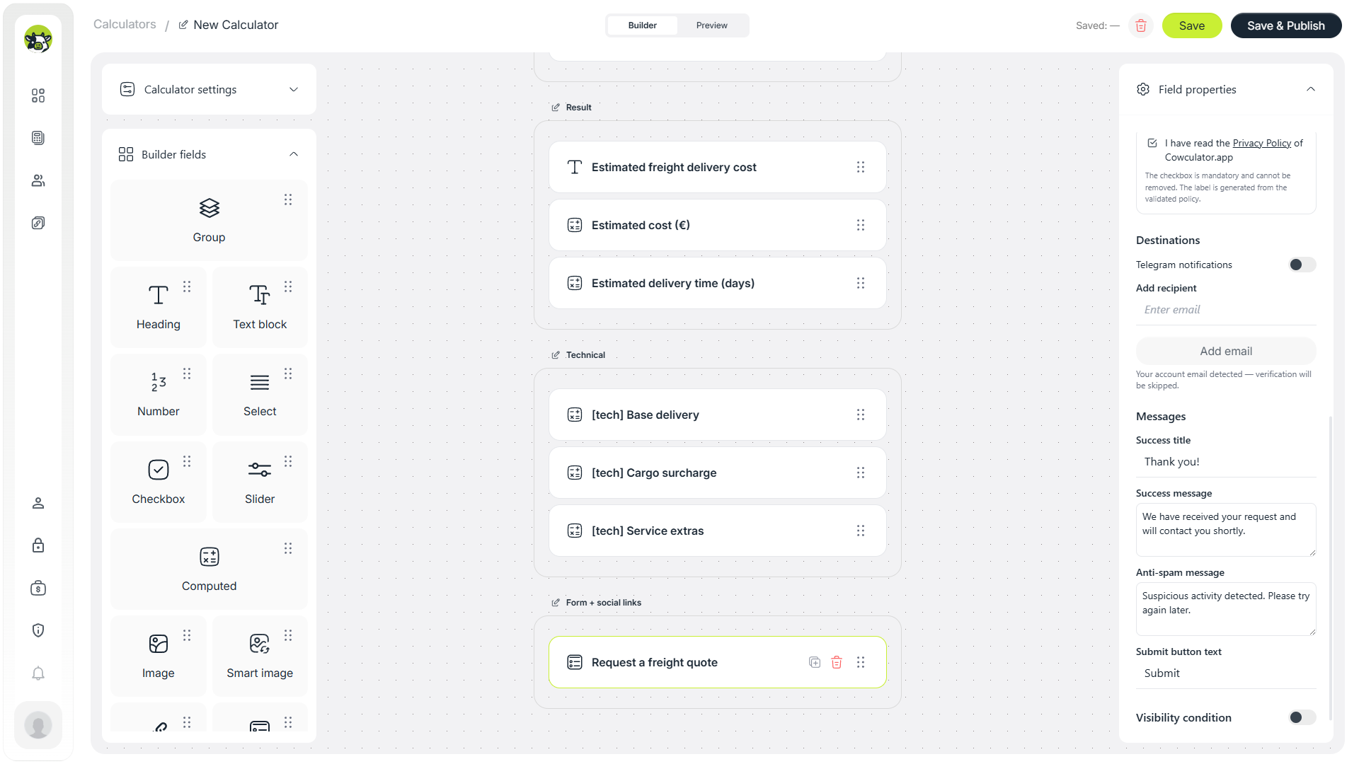 Privacy policy settings for the contact form in Cowculator