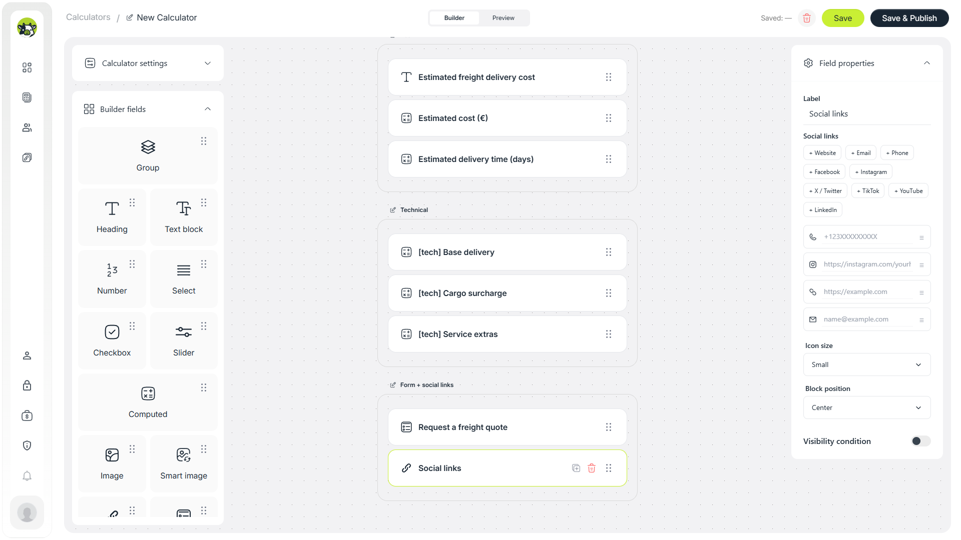 Social links block in a freight delivery calculator